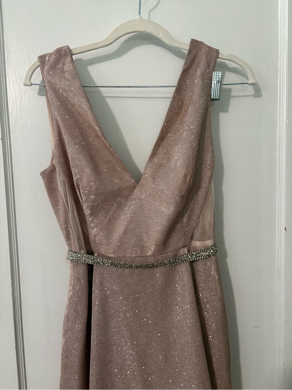 Sparkle V-Neck Prom Dress with Jeweled Waist in Blush